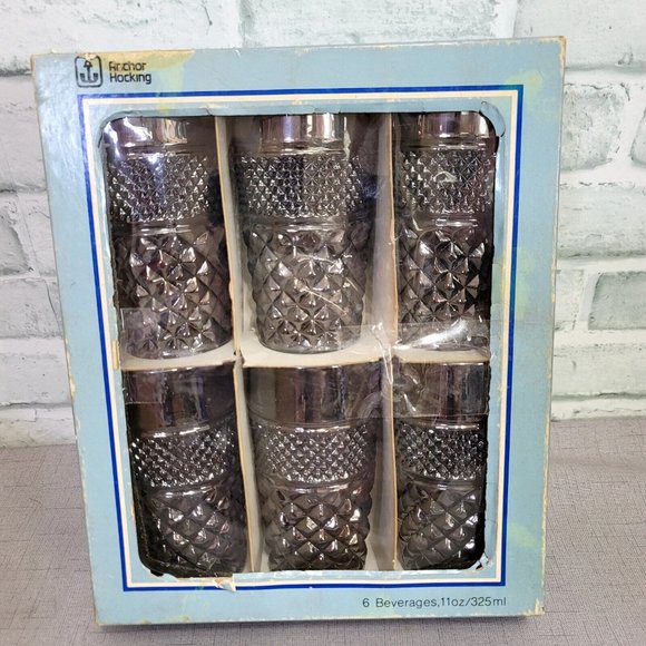 Set of 6 Vintage Anchor Hocking Wexford Pewter Mist Smoke 11oz Glasses NOS MCM - Picture 1 of 14